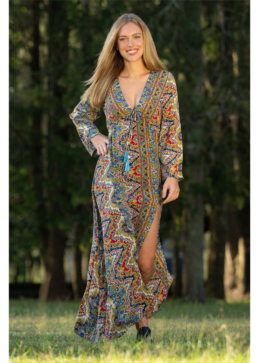 Aurora Flare Sleeve Dress jewel-toned medallion print styled for evening in navy and gold — Cienna Designs