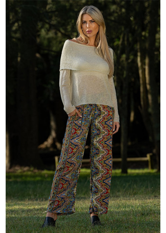 Cienna Designs Aurora Hemi Pants in jewel-toned medallion print, navy cobalt burgundy and gold, silk-polyester blend — Aurora Hemi Pants by Cienna Designs