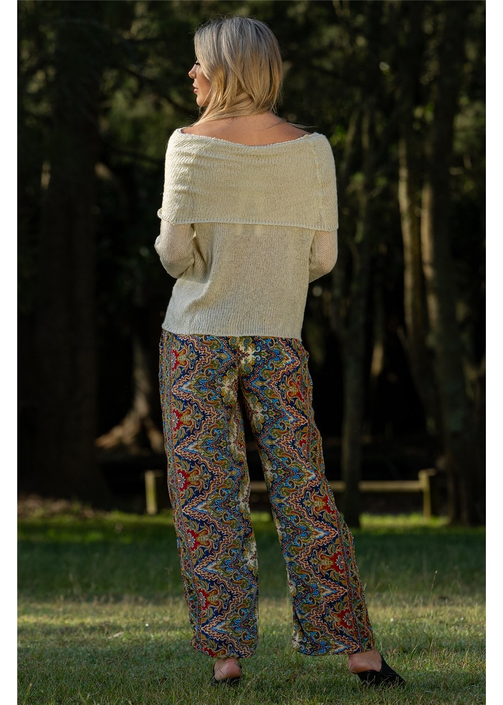 Aurora Hemi Pants in navy cobalt and gold medallion print, flat front panel elasticated back in silk-polyester — Cienna Designs