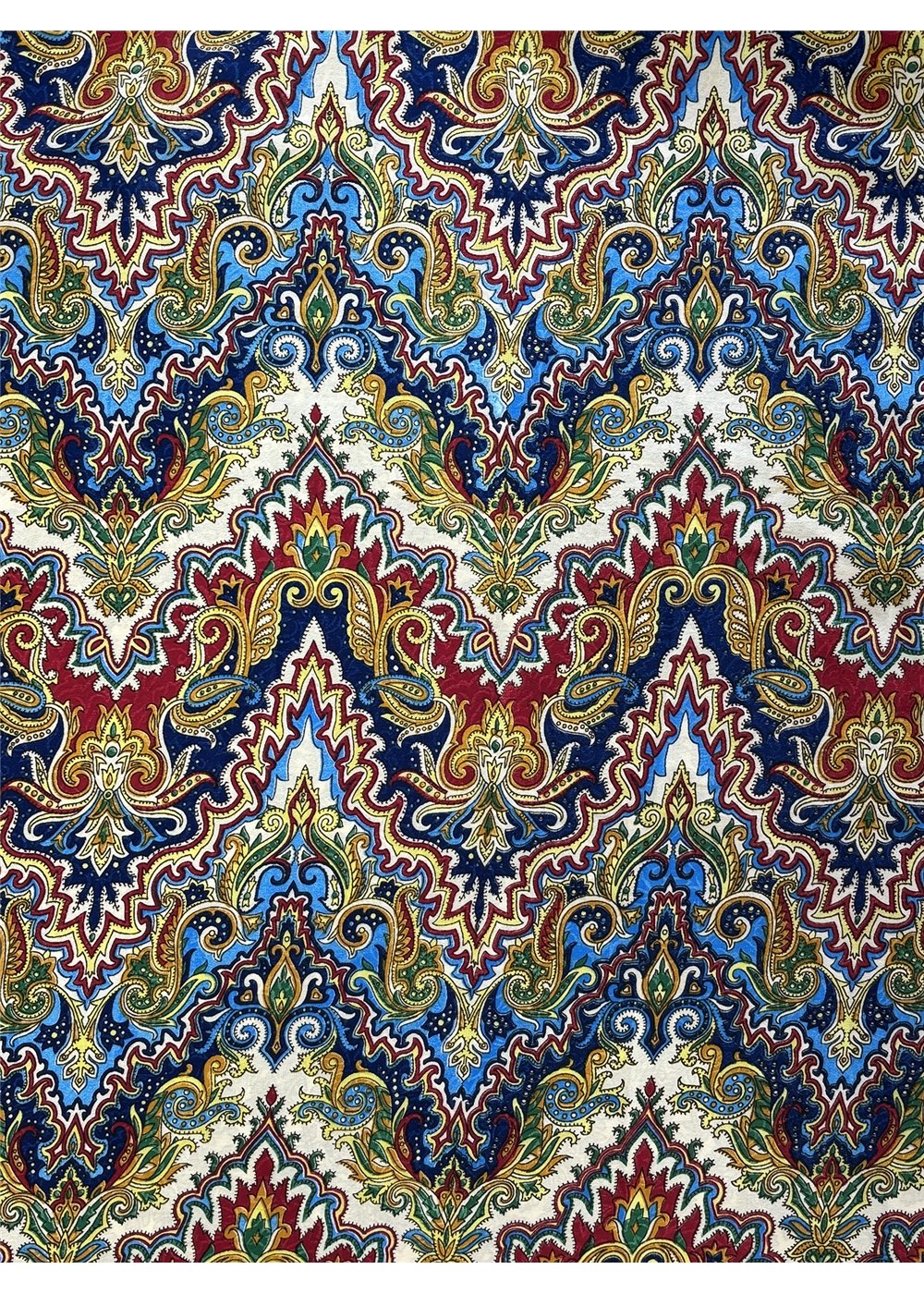 Aurora Hemi Pants in silk-polyester medallion print, side view navy cobalt and gold — Cienna Designs
