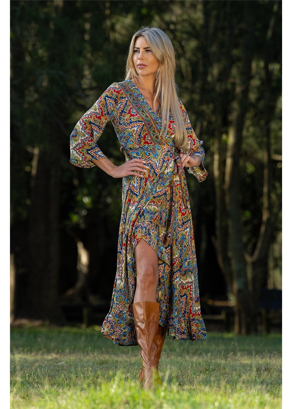 Cienna Designs Aurora Long Sleeve Wrap Dress in jewel-toned medallion print, navy cobalt burgundy and gold, silk-polyester — Aurora Long Sleeve Wrap Dress by Cienna Designs