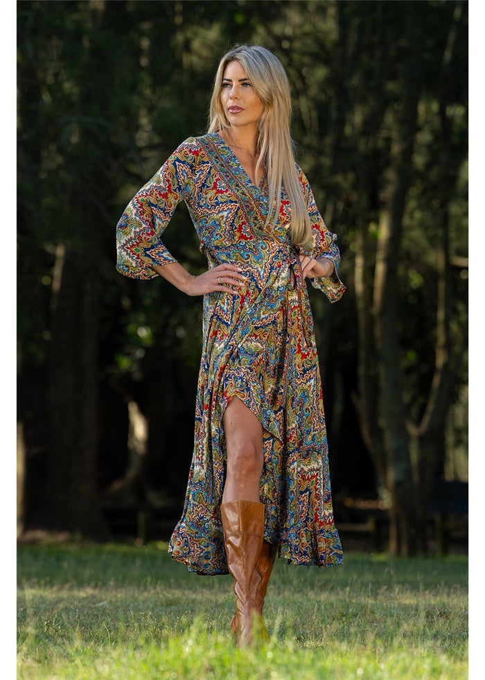 Cienna Designs Aurora Long Sleeve Wrap Dress in jewel-toned medallion print, navy cobalt burgundy and gold, silk-polyester — Aurora Long Sleeve Wrap Dress by Cienna Designs