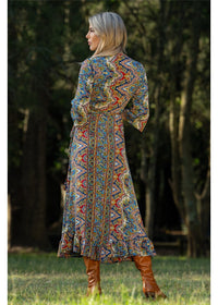 Aurora Long Sleeve Wrap Dress in navy cobalt and gold medallion print, wrap front flowing hem — Cienna Designs