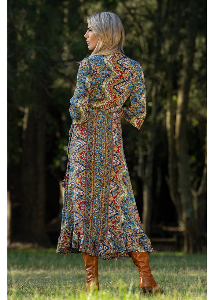 Aurora Long Sleeve Wrap Dress in navy cobalt and gold medallion print, wrap front flowing hem — Cienna Designs