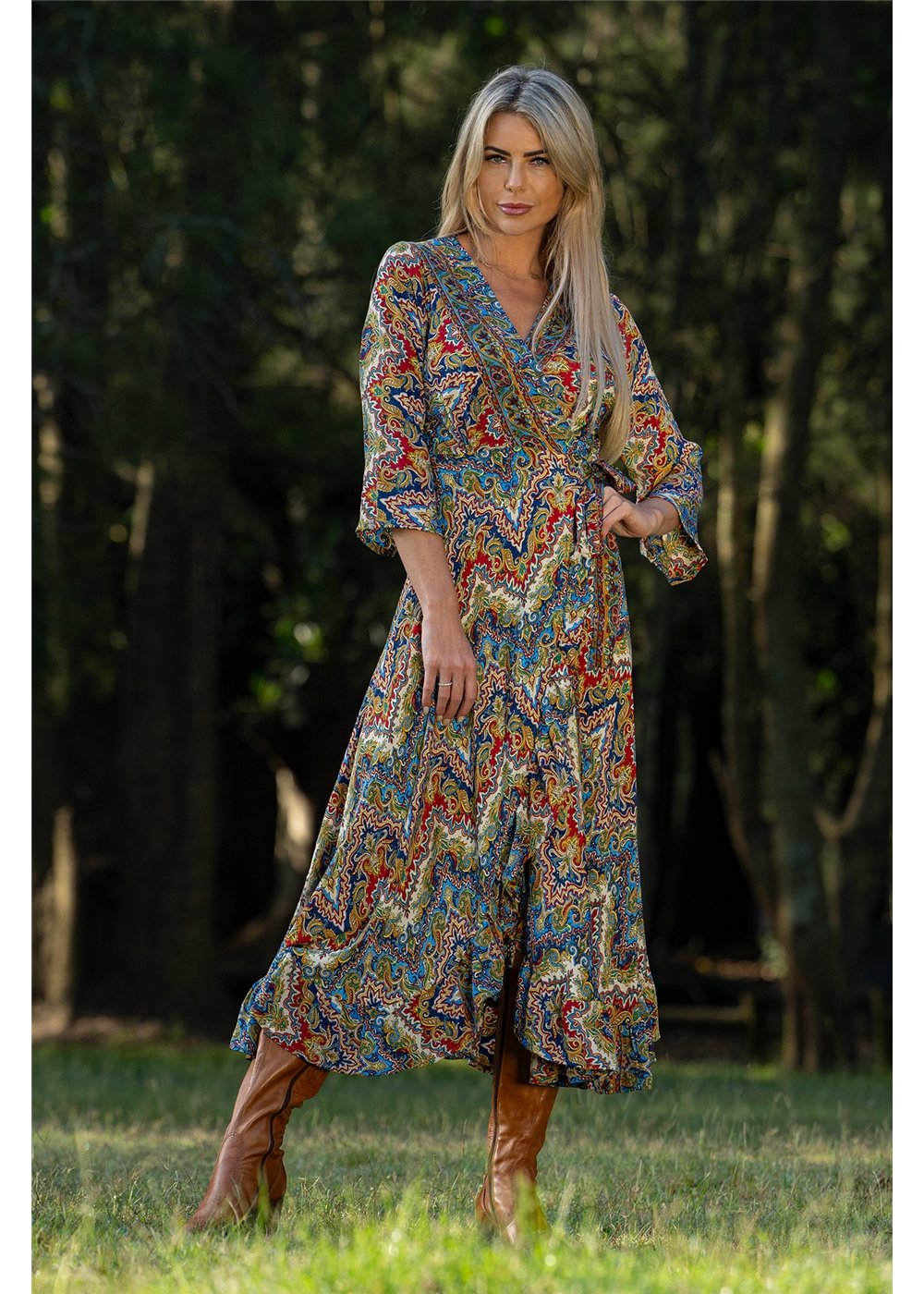 Aurora Long Sleeve Wrap Dress jewel-toned medallion print styled for evening in navy and gold — Cienna Designs