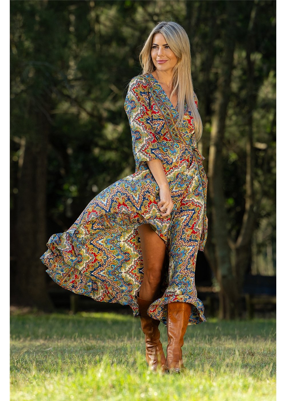 Aurora Long Sleeve Wrap Dress in silk-polyester medallion print, back view navy cobalt and gold — Cienna Designs