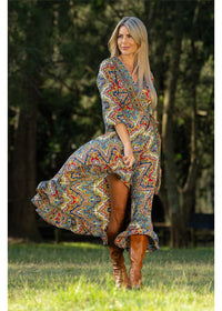 Aurora Long Sleeve Wrap Dress in silk-polyester medallion print, back view navy cobalt and gold — Cienna Designs