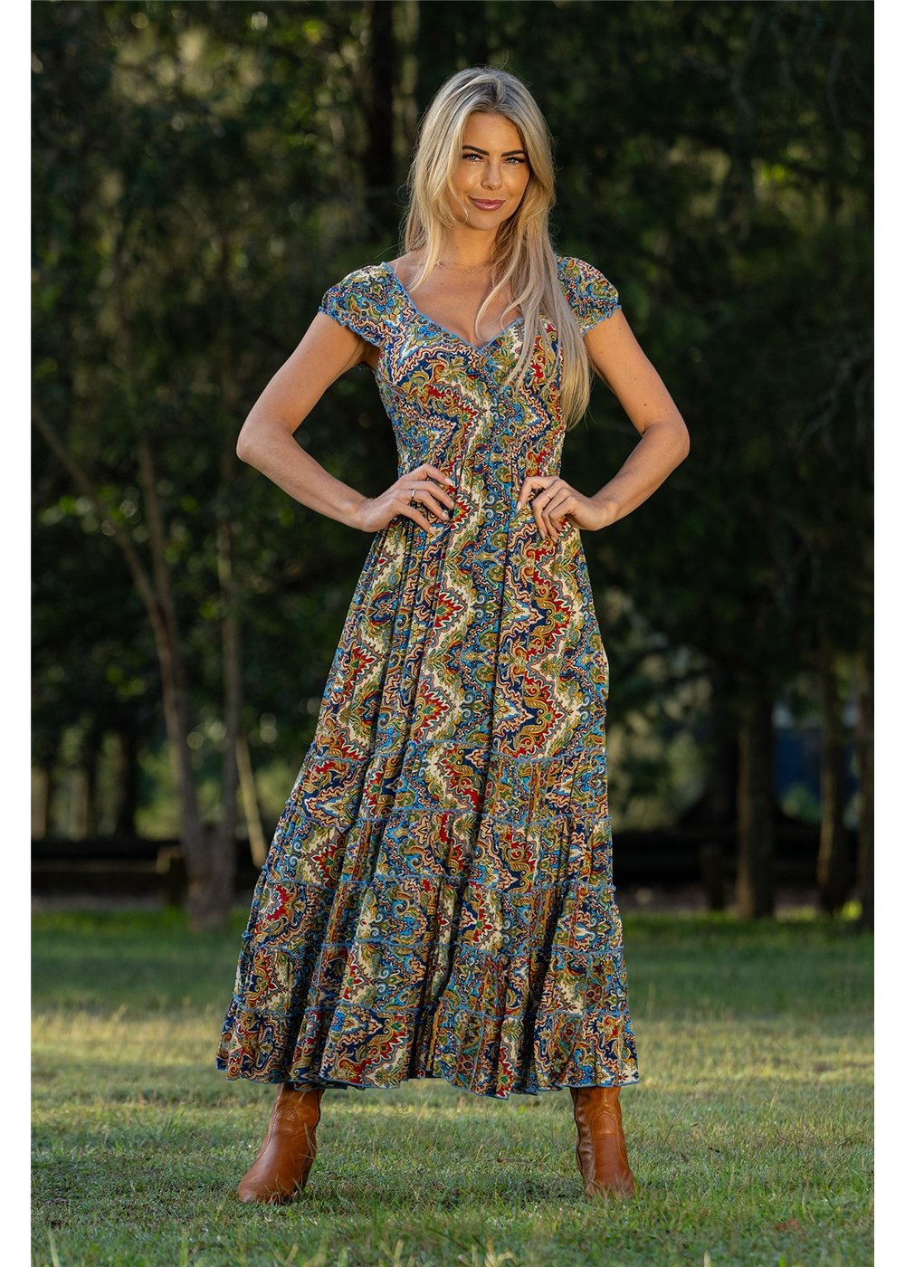 Cienna Designs Aurora Rosa Dress in jewel-toned medallion print, navy cobalt burgundy and gold, silk-polyester — Aurora Rosa Dress by Cienna Designs