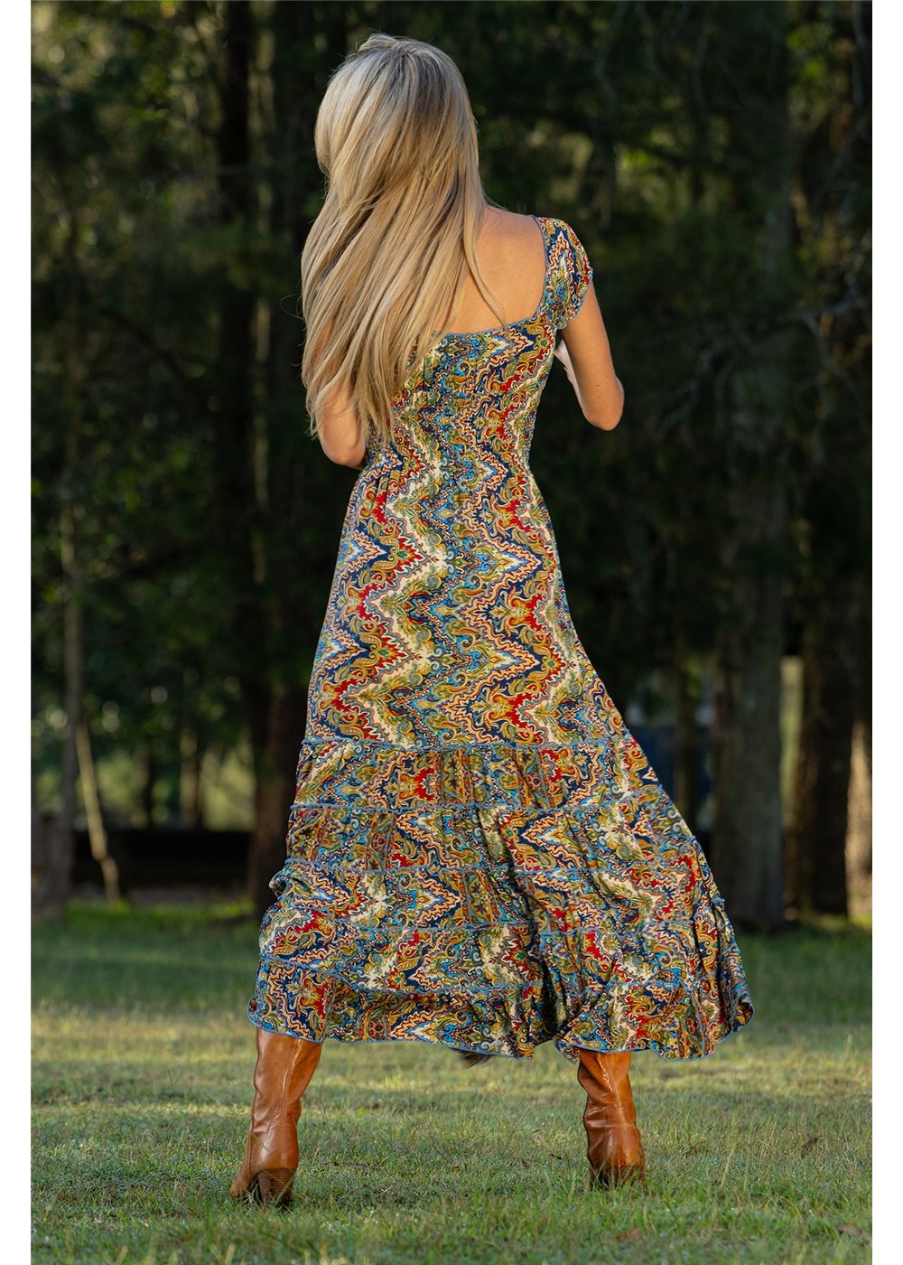 Aurora Rosa Dress in navy cobalt and gold medallion print, flowing silhouette in silk-polyester — Cienna Designs