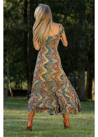 Aurora Rosa Dress in navy cobalt and gold medallion print, flowing silhouette in silk-polyester — Cienna Designs
