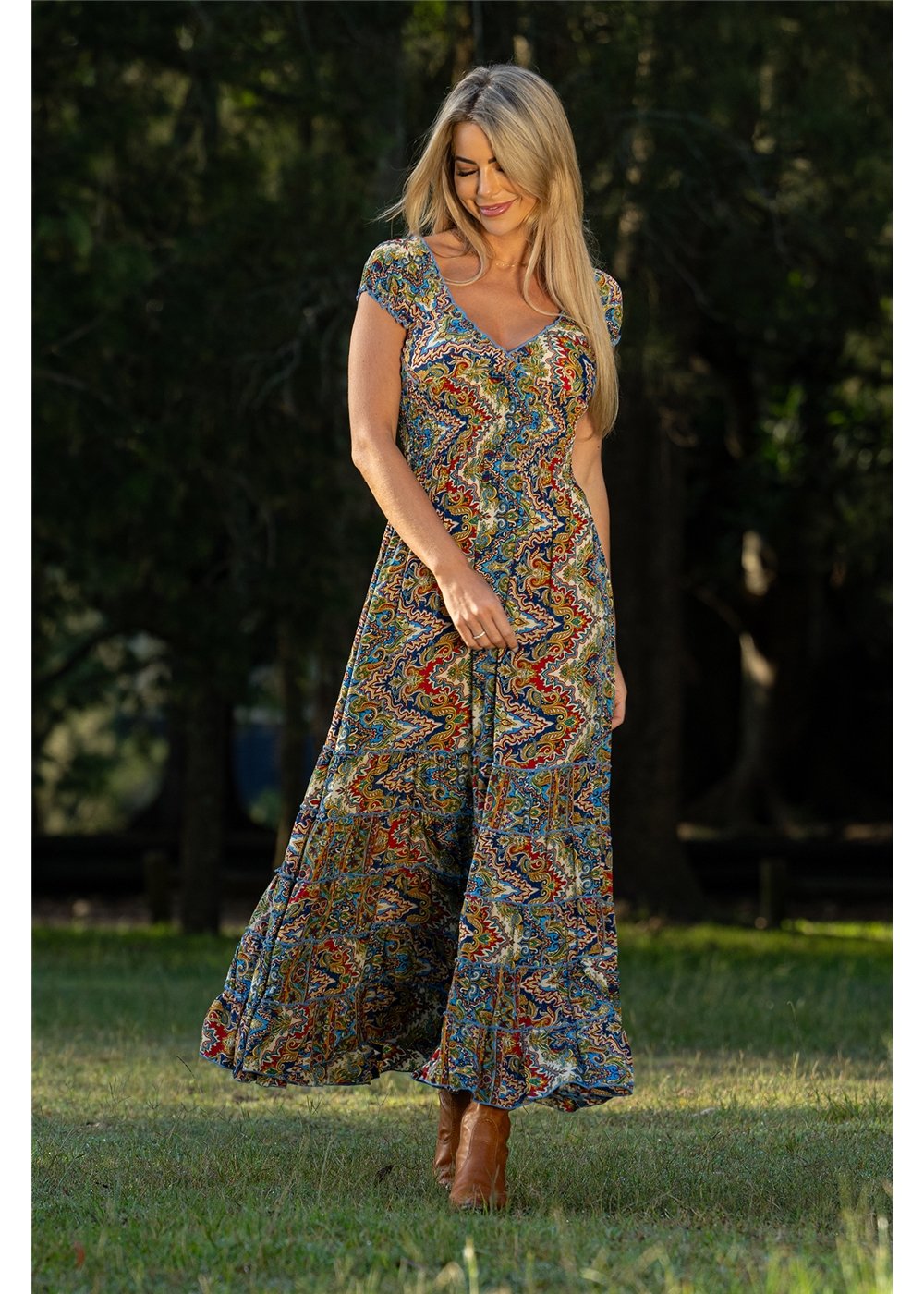 Aurora Rosa Dress jewel-toned medallion print, styled for a special occasion in navy and gold — Cienna Designs