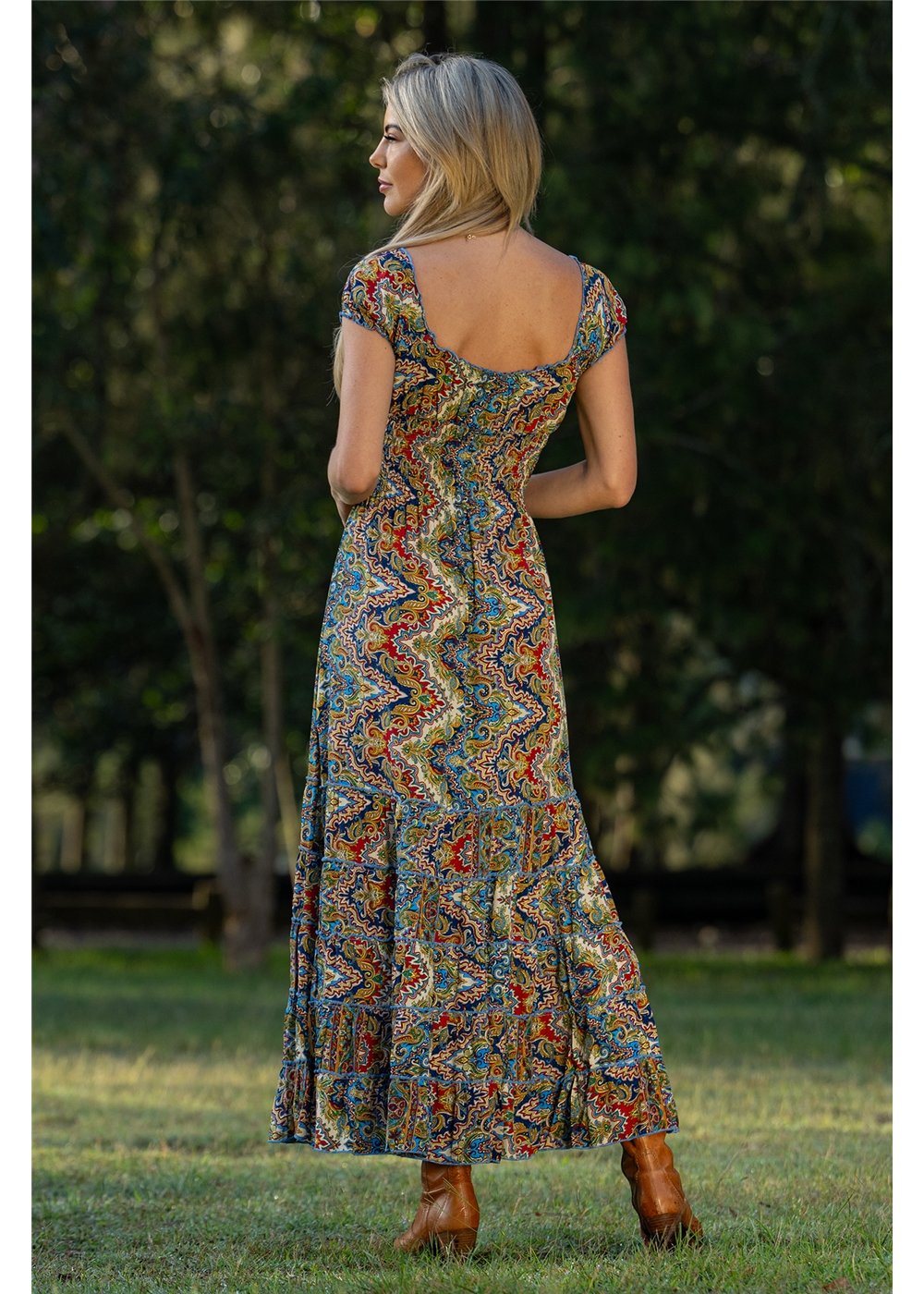 Aurora Rosa Dress in silk-polyester medallion print, back view navy cobalt burgundy and gold — Cienna Designs