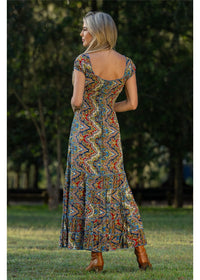 Aurora Rosa Dress in silk-polyester medallion print, back view navy cobalt burgundy and gold — Cienna Designs