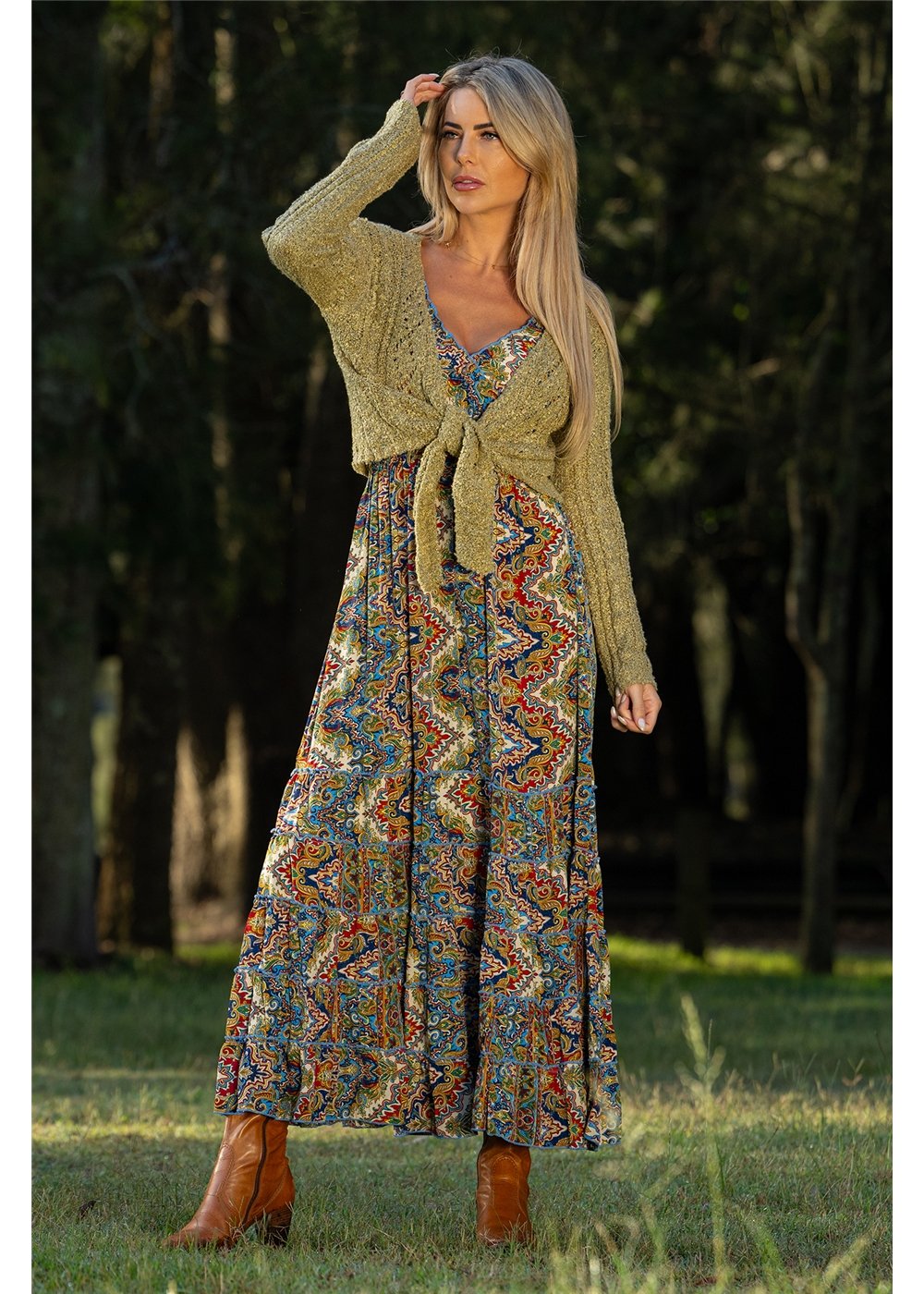 Aurora Rosa Dress navy cobalt and gold medallion print, side view in silk-polyester blend — Cienna Designs