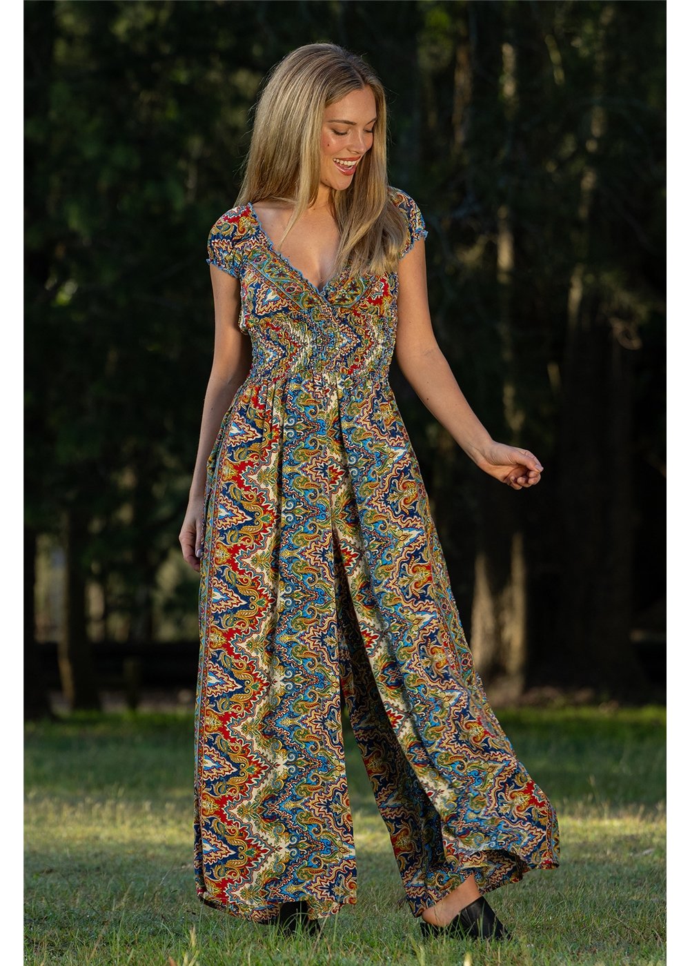 Cienna Designs Aurora Rosa Jumpsuit in jewel-toned medallion print, navy cobalt burgundy and gold, silk-polyester — Aurora Rosa Jumpsuit by Cienna Designs