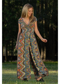 Cienna Designs Aurora Rosa Jumpsuit in jewel-toned medallion print, navy cobalt burgundy and gold, silk-polyester — Aurora Rosa Jumpsuit by Cienna Designs