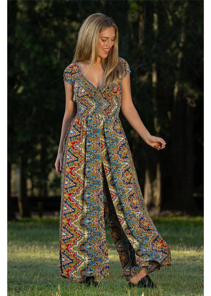 Cienna Designs Aurora Rosa Jumpsuit in jewel-toned medallion print, navy cobalt burgundy and gold, silk-polyester — Aurora Rosa Jumpsuit by Cienna Designs