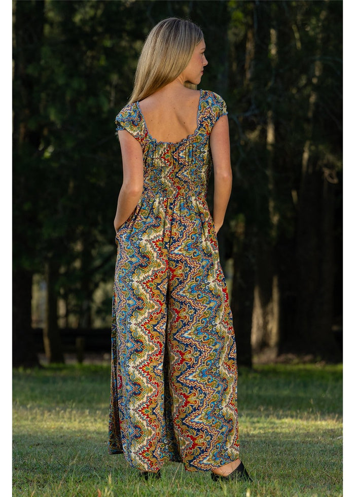 Aurora Rosa Jumpsuit in navy cobalt and gold medallion print, flowing silhouette in silk-polyester — Cienna Designs