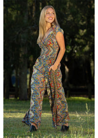 Aurora Rosa Jumpsuit jewel-toned medallion print, styled for day or evening in navy and gold — Cienna Designs
