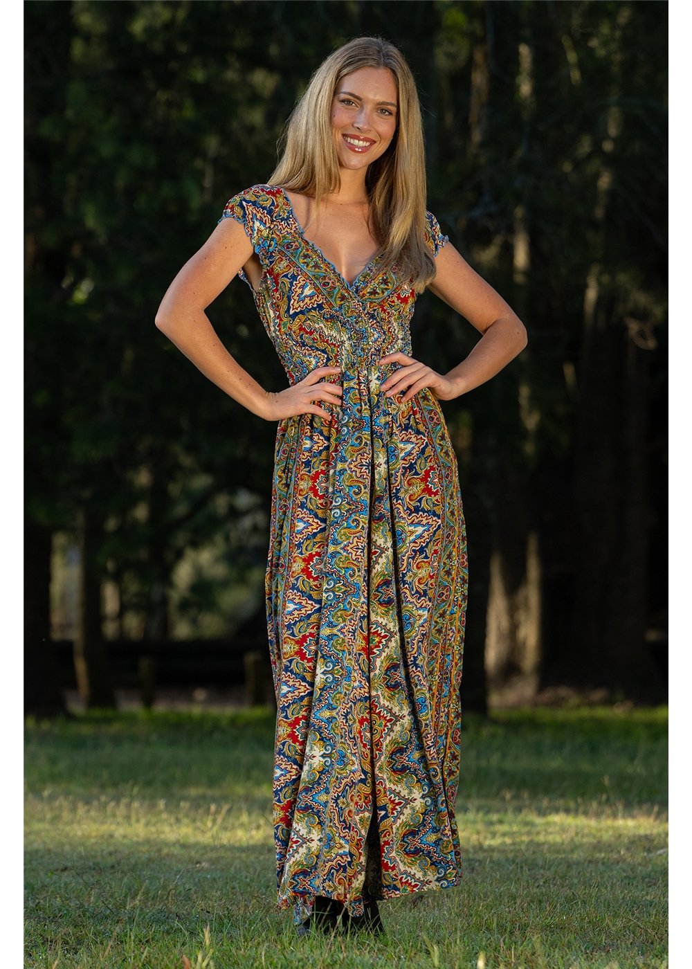 Aurora Rosa Jumpsuit in silk-polyester medallion print, side view navy cobalt burgundy and gold — Cienna Designs