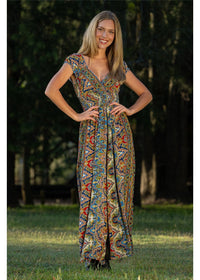 Aurora Rosa Jumpsuit in silk-polyester medallion print, side view navy cobalt burgundy and gold — Cienna Designs