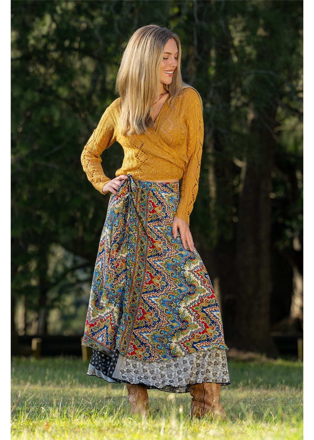 Cienna Designs Aurora Wrap Skirt in jewel-toned medallion print, navy cobalt burgundy and gold, silk-polyester — Aurora Wrap Skirt by Cienna Designs