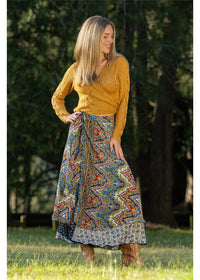 Cienna Designs Aurora Wrap Skirt in jewel-toned medallion print, navy cobalt burgundy and gold, silk-polyester — Aurora Wrap Skirt by Cienna Designs