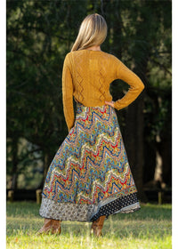 Aurora Wrap Skirt in navy cobalt and gold medallion print, flowing wrap silhouette in silk-polyester — Cienna Designs
