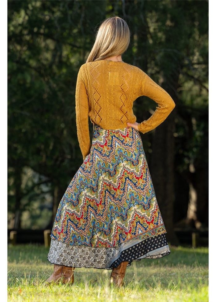 Aurora Wrap Skirt in navy cobalt and gold medallion print, flowing wrap silhouette in silk-polyester — Cienna Designs