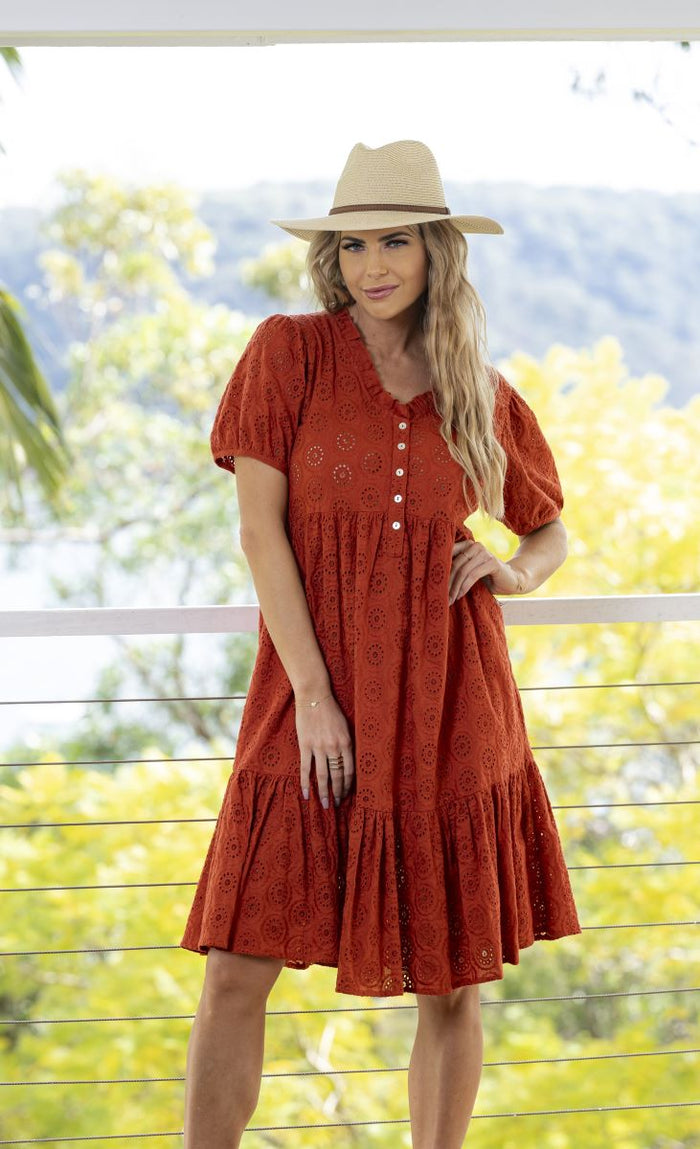 Ava Buttoned Dress - Rust