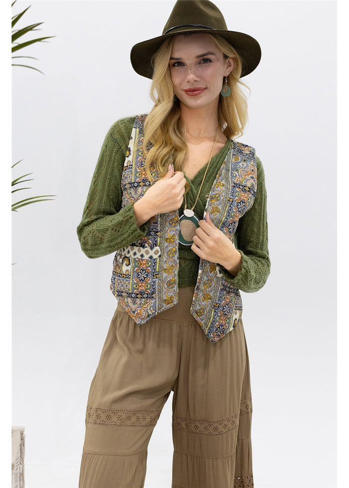 Barika Quilted Waistcoat Reversible - paisley medallion side, front view