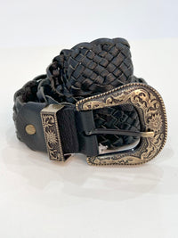 Black braided leather belt close-up showing braid pattern and buckle detail - Cienna Designs
