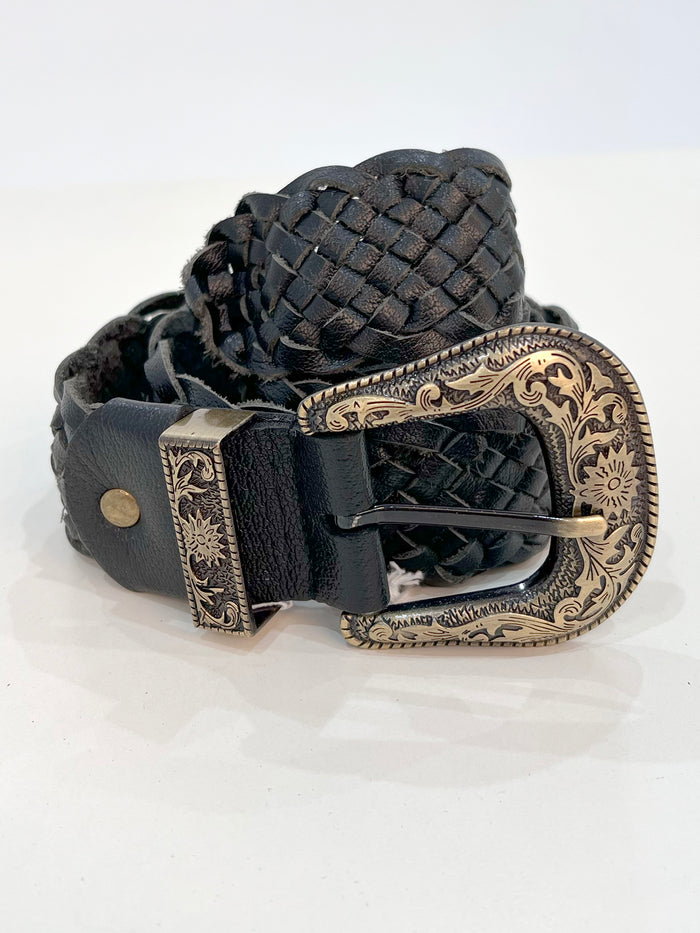Black braided leather belt close-up showing braid pattern and buckle detail - Cienna Designs