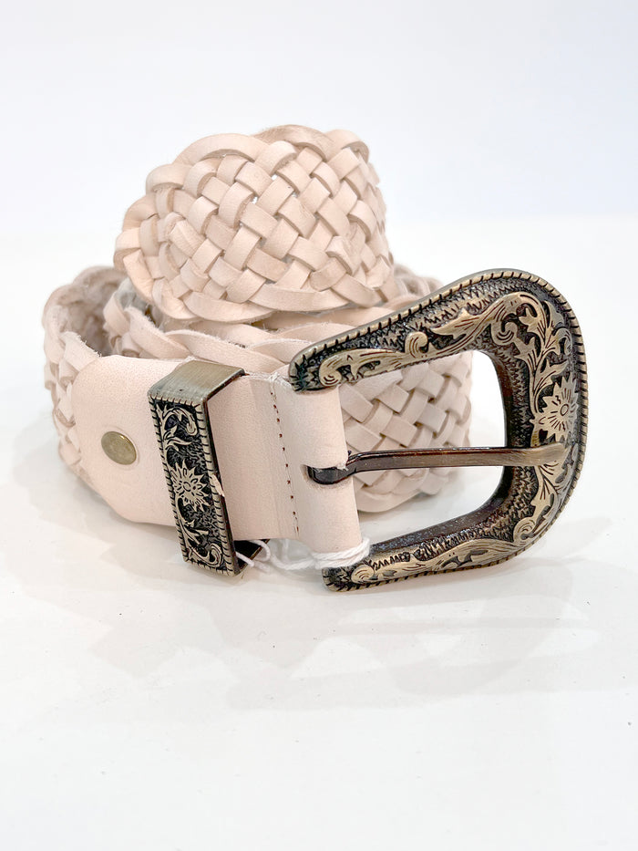 Cream braided leather belt close-up showing braid pattern and buckle detail - Cienna Designs