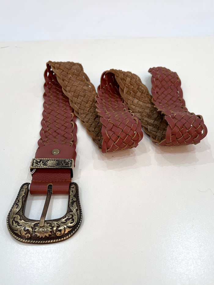 Red tan braided leather belt for boho and festival styling - Cienna Designs