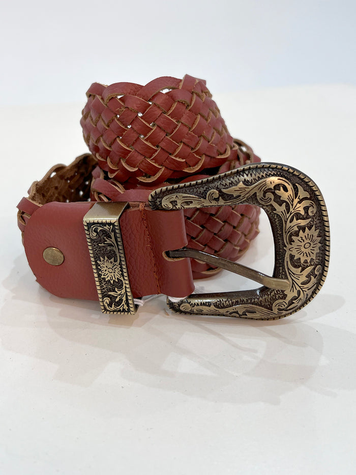 Red tan braided leather belt close-up showing braid pattern and buckle detail - Cienna Designs