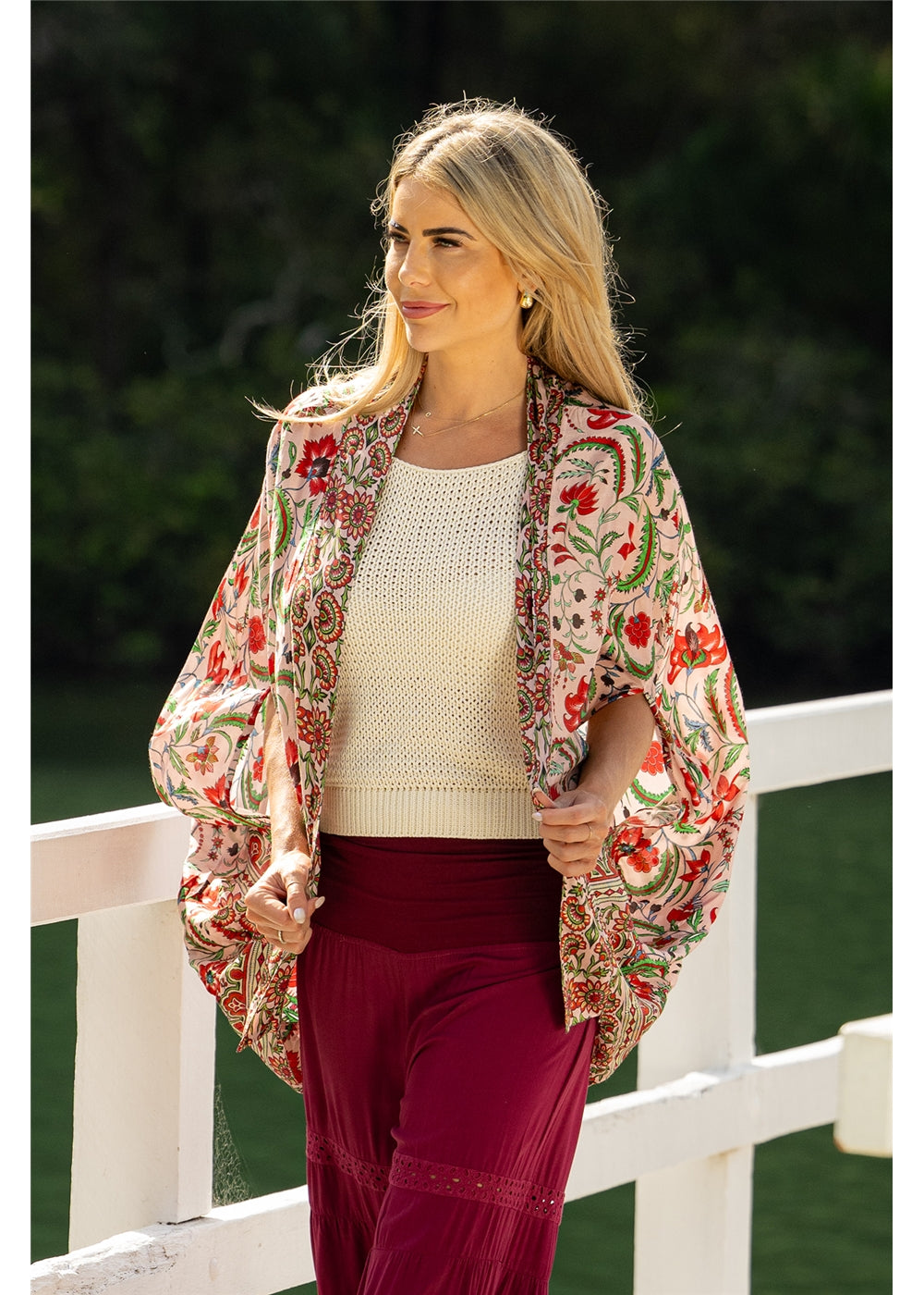 Ada Cape in pink floral silk viscose, front view worn open with split sleeves