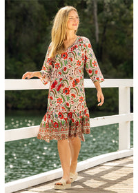 Ada Carmen Dress in pink floral cotton, front view showing the V neckline and three-quarter sleeves