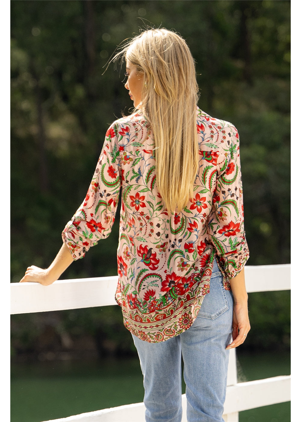 Ada Shirt in pink floral silk viscose, three-quarter back view showing the roll-tab sleeves