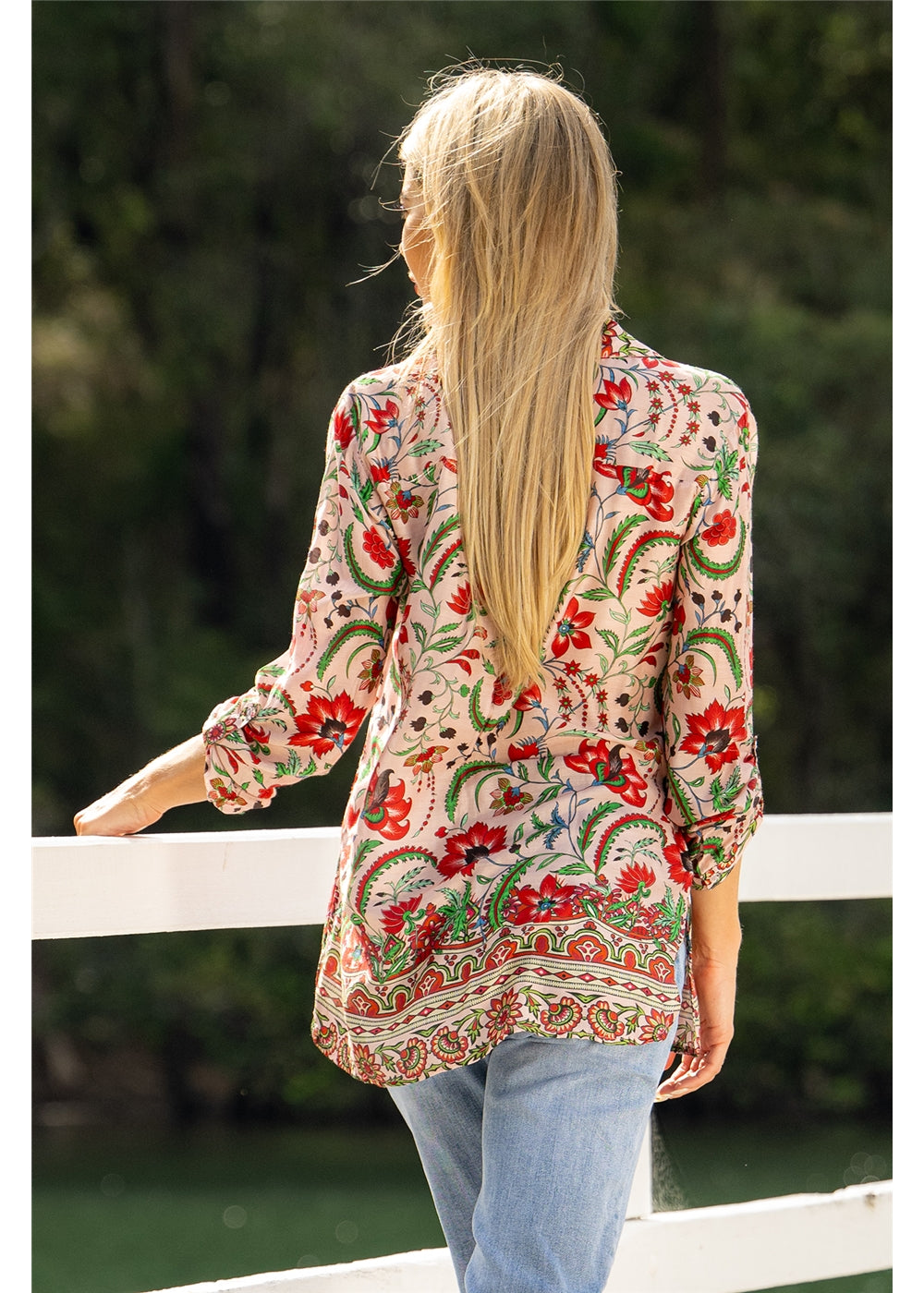 Ada Shirt in pink floral silk viscose, back view showing the curved hem