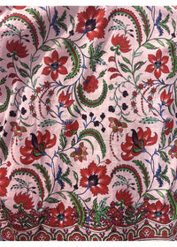 Ada Shirt in pink floral silk viscose, close view of the floral fabric and decorative border