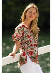 Ada Cuff Sleeve V Neck Top in pink floral cotton, three-quarter front view showing the loose fit and front tuck