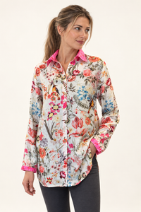 Birdsong Shirt in ivory bird-and-floral silk viscose, front view showing the pink collar, long sleeves and curved hem.