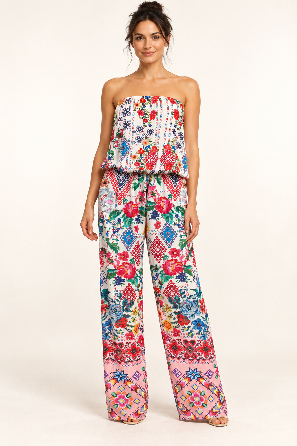 Cita Jumpsuit in ivory floral and geometric print viscose rayon, front studio view of the strapless bodice and long wide legs