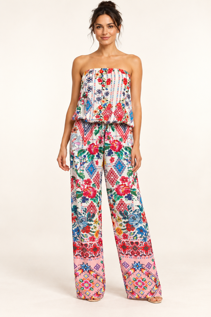 Cita Jumpsuit in ivory floral and geometric print viscose rayon, front studio view of the strapless bodice and long wide legs