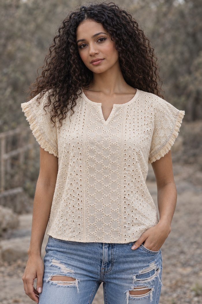 CJ-117 Top in natural cream with oval broderie panels and fringed cap sleeves, front view