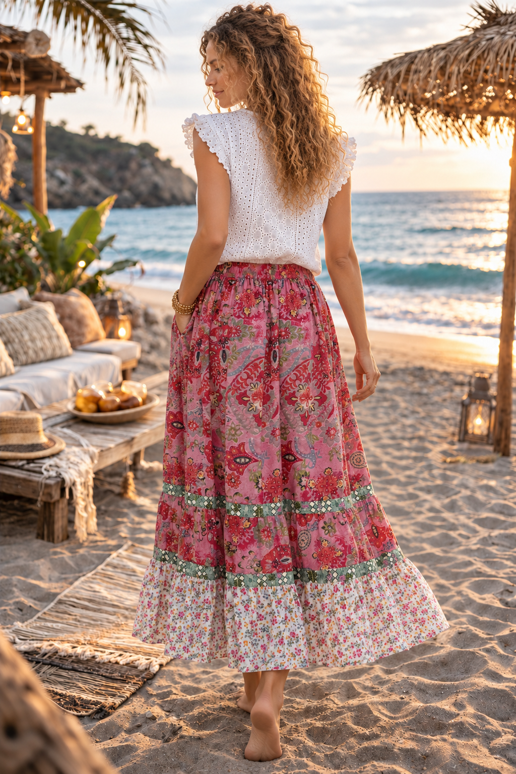 CJ-167 Floral Skirt - Pink in rose-pink floral print, back view showing the side pocket, green borders and ivory floral hem