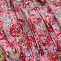 CJ-167 Floral Skirt - Pink in rose-pink, red, grey and olive floral print, close view of the fabric