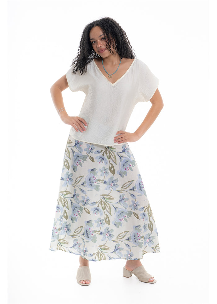 Cream Haven A-Line Skirt in blue floral print cotton, front view