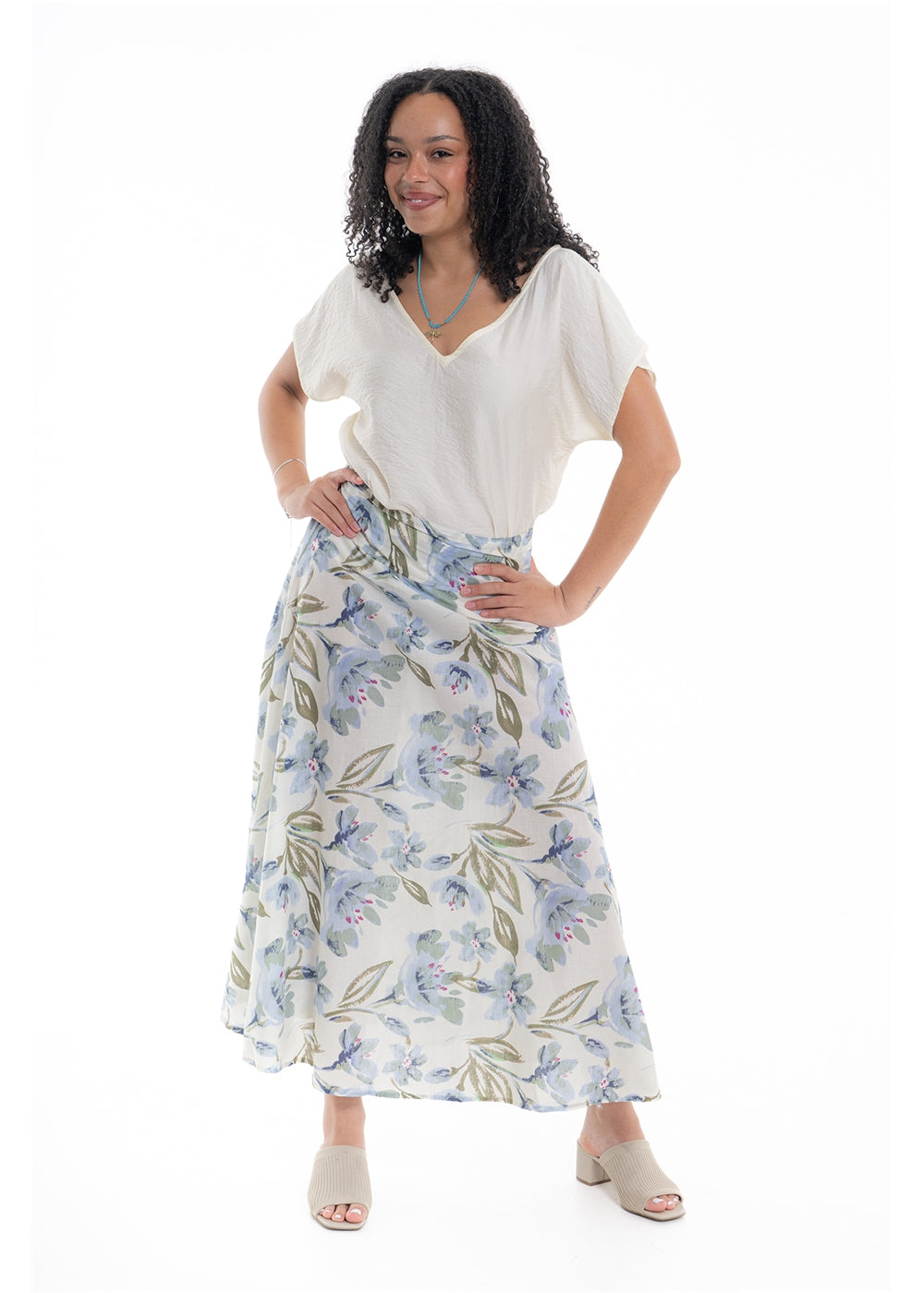 Cream Haven A-Line Skirt in blue floral print cotton, front view showing the waistband